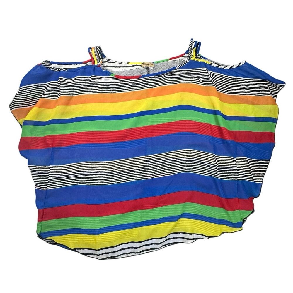 Janette Plus Cold Shoulder Blouse Pride Rainbow Stripe Chiffon Top Vintage